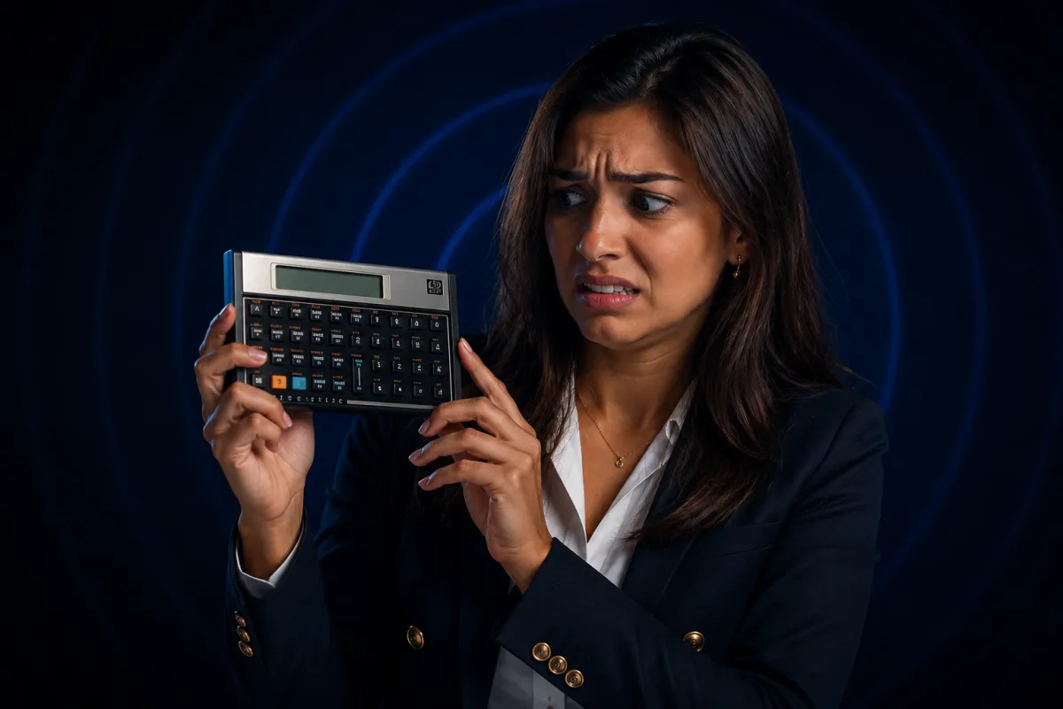 Estudante preocupada segurando a HP12C