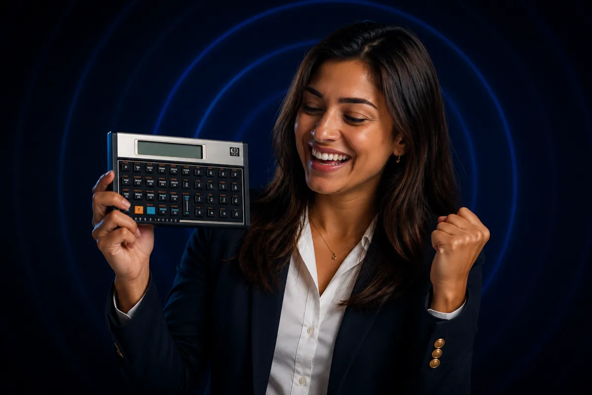 Estudante sorrindo e comemorando com a HP12C