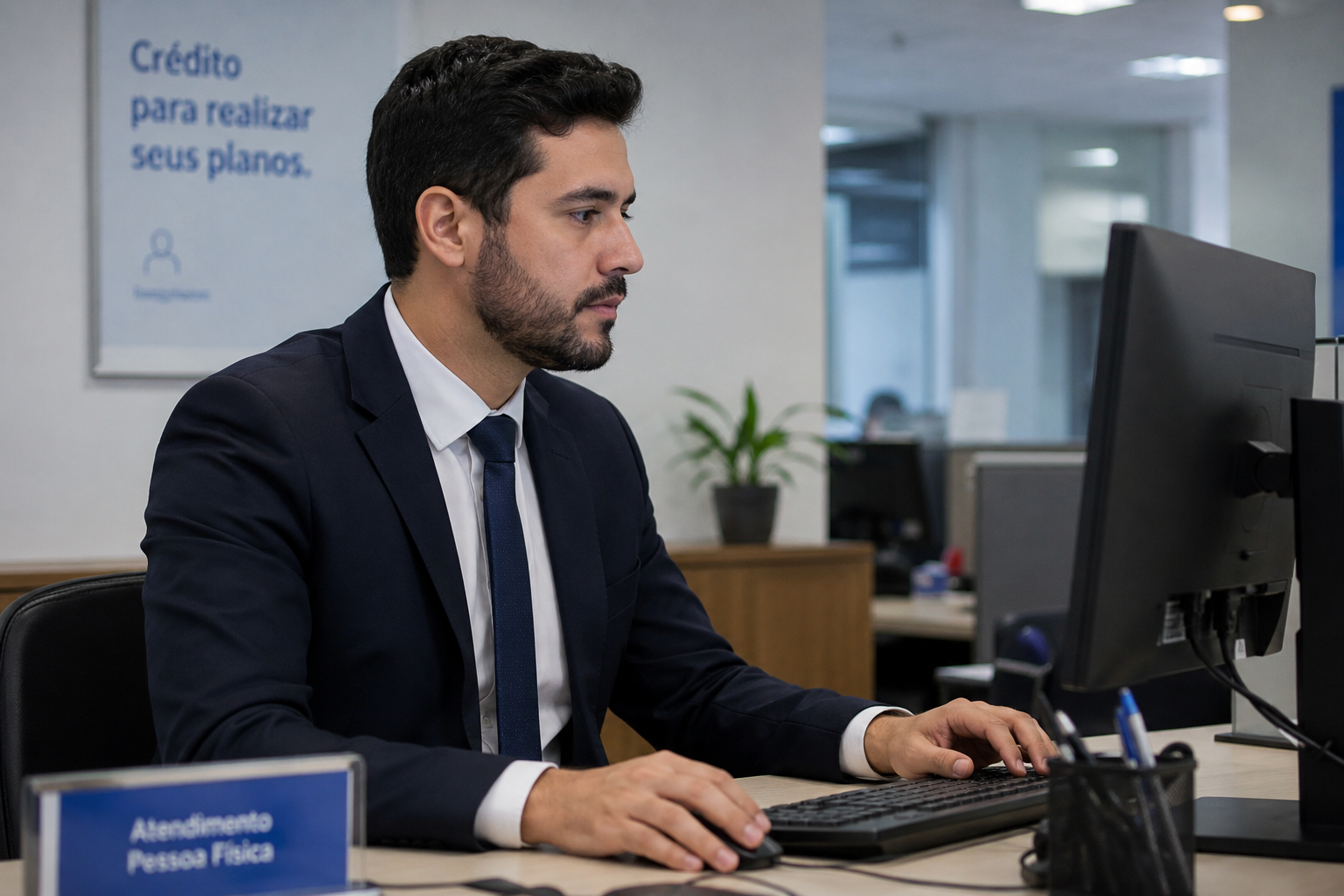 Bancário trabalhando em atendimento pessoa física